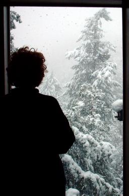 Brenda watching snow fall at Locus Voci